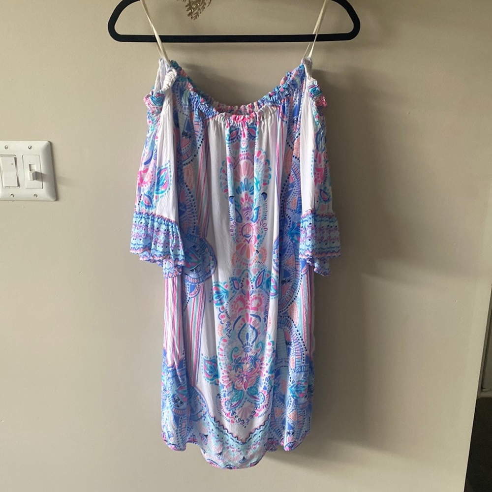 Off shoulder white and blue Lilly Pulitzer dress